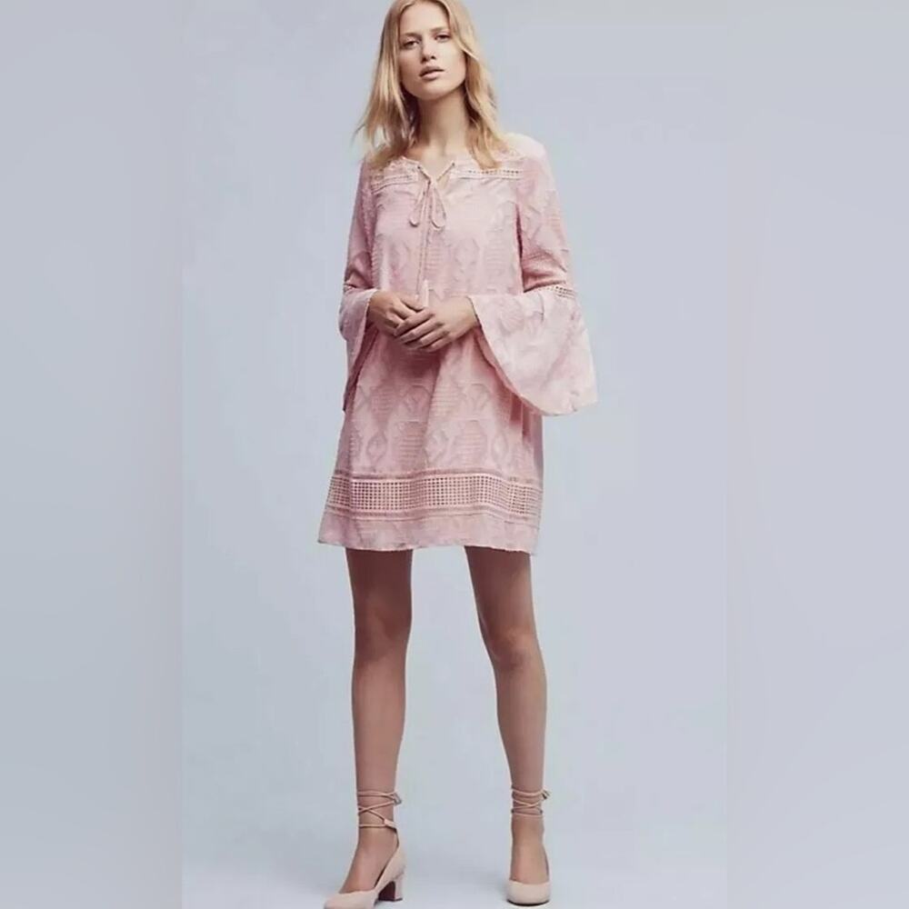 Anthropologie Floreat Emse Boho Bell Sleeve‎ Shift Dress Light Pink Size 2 New